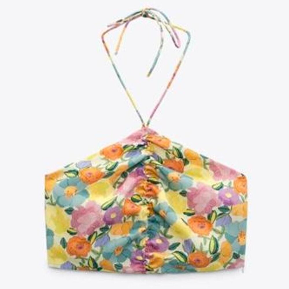 Zara Floral Ruched Halter Smocked Back Crop Top